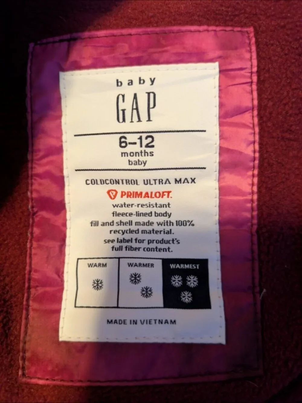 NWOT Baby Gap Primaloft Puffer Snowsuit Happy Pink 6-12m Warmest Hooded Zip - Picture 8 of 10